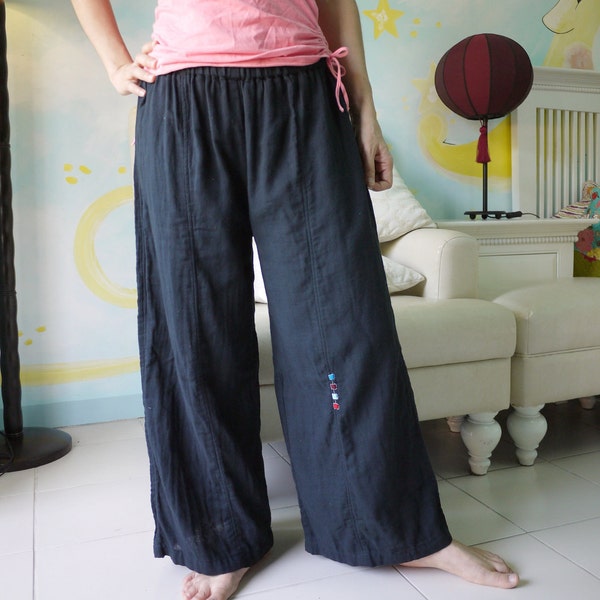 Azo Free  Charcoal Black Double Gauze Cotton Pants With 4 Tiny Square-Shaped Hand Embroidery