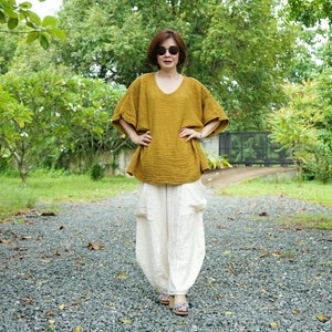 Mustard Gauze Cotton Poncho Top Oversize Plus Size Boho Loose Fit Chic Casual Lagenlook Mustard Gauze Cotton Blouse Poncho Top DB7 image 6