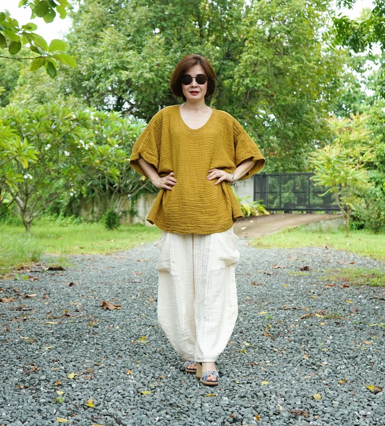 Mustard Gauze Cotton Poncho Top Oversize Plus Size Boho Loose Fit Chic Casual Lagenlook Mustard Gauze Cotton Blouse Poncho Top DB7 image 6