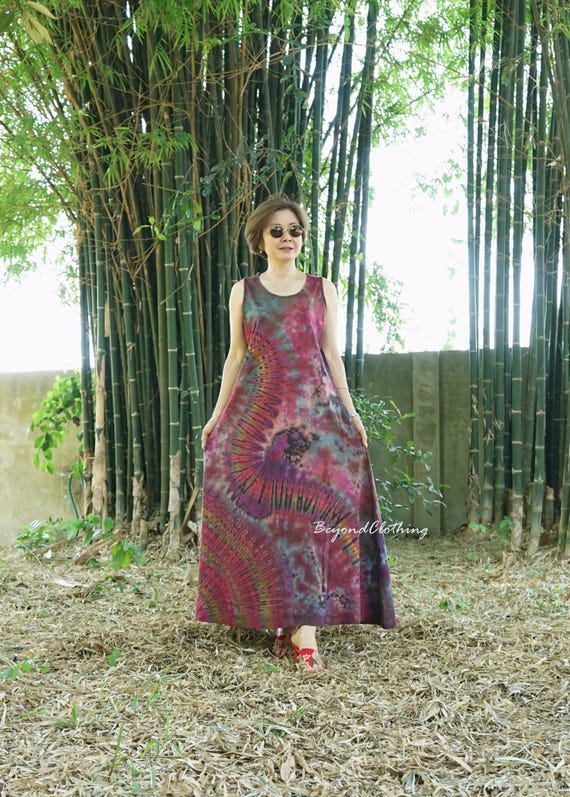 Boho Rainbow Tie-dye Maxi Dress: Sleeveless Stretch Cotton Summer