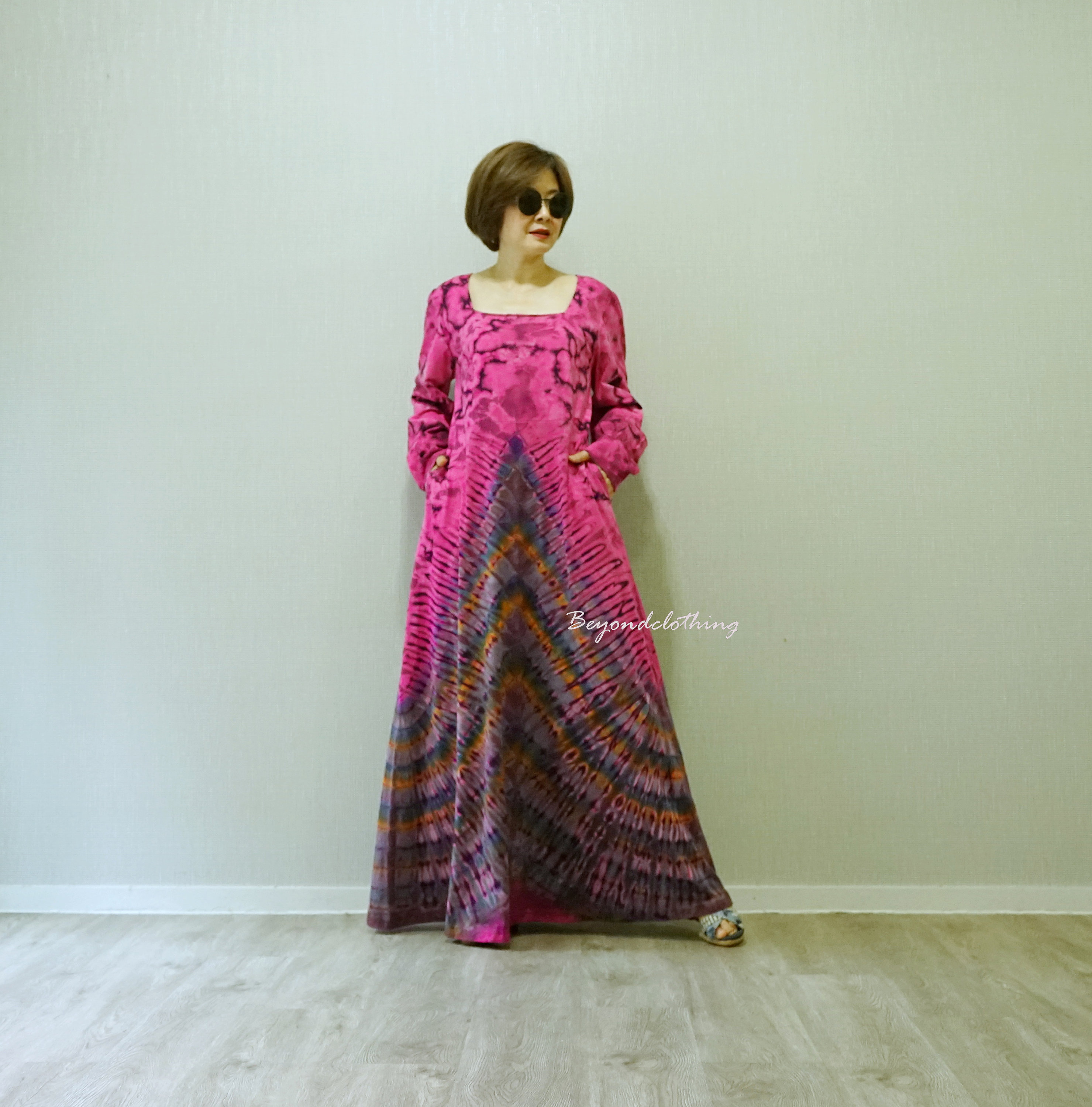 chinese dress ladies Boho Chic Tie Dye Rayon Mid-Length Dress for Effortless Style One Size / Pink main image 1