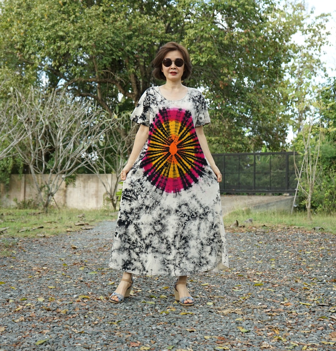 Boho Tie Dye Scoop Neck Dress, Plus Size Hippie Tie Dye Dress, Bleached — free download