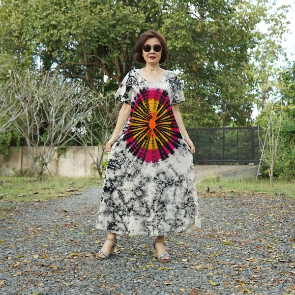 Boho Tie Dye Scoop Neck Dress, Plus Size Hippie Tie Dye Dress, Bleached Tie Dye Dress, Festival Clothing Holiday Resort Tie Dye Dress - PD1A