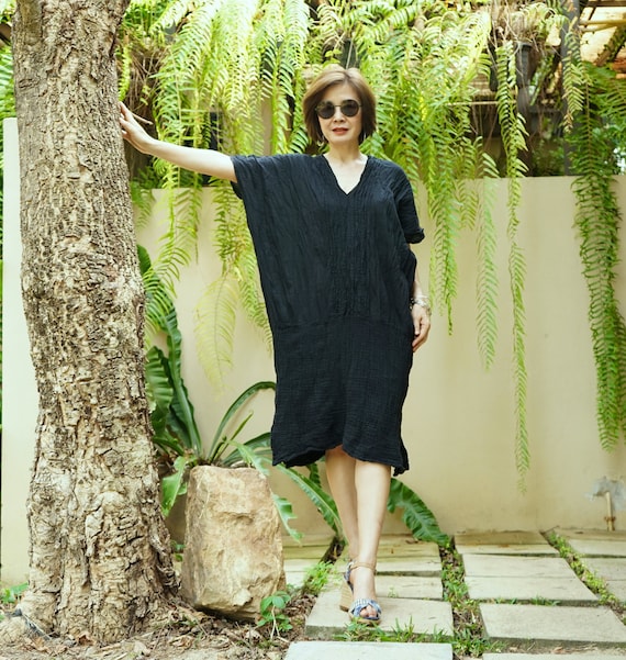 Oversize V Neck Cotton Gauze Dress: Black Midi Kaftan Cover up - LDB1