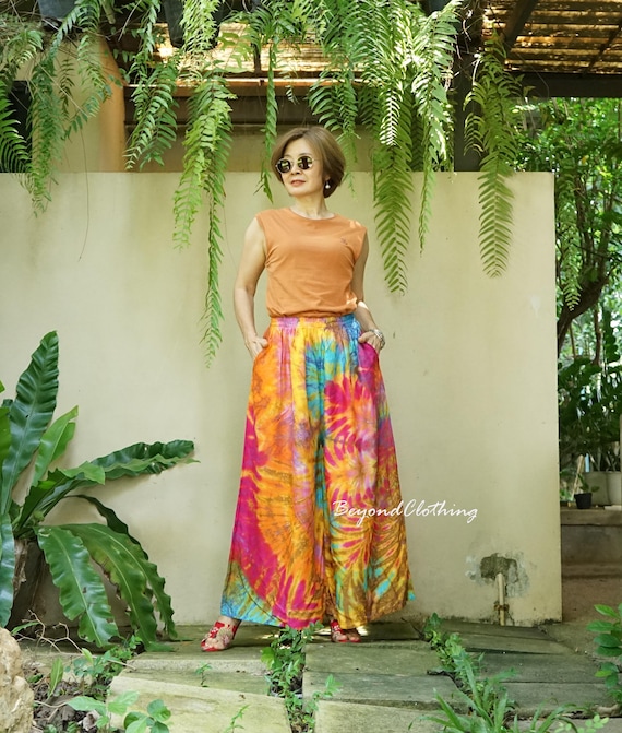 Tie Dye Rayon Palazzo Pants: Boho Hippie Festival Wide Leg