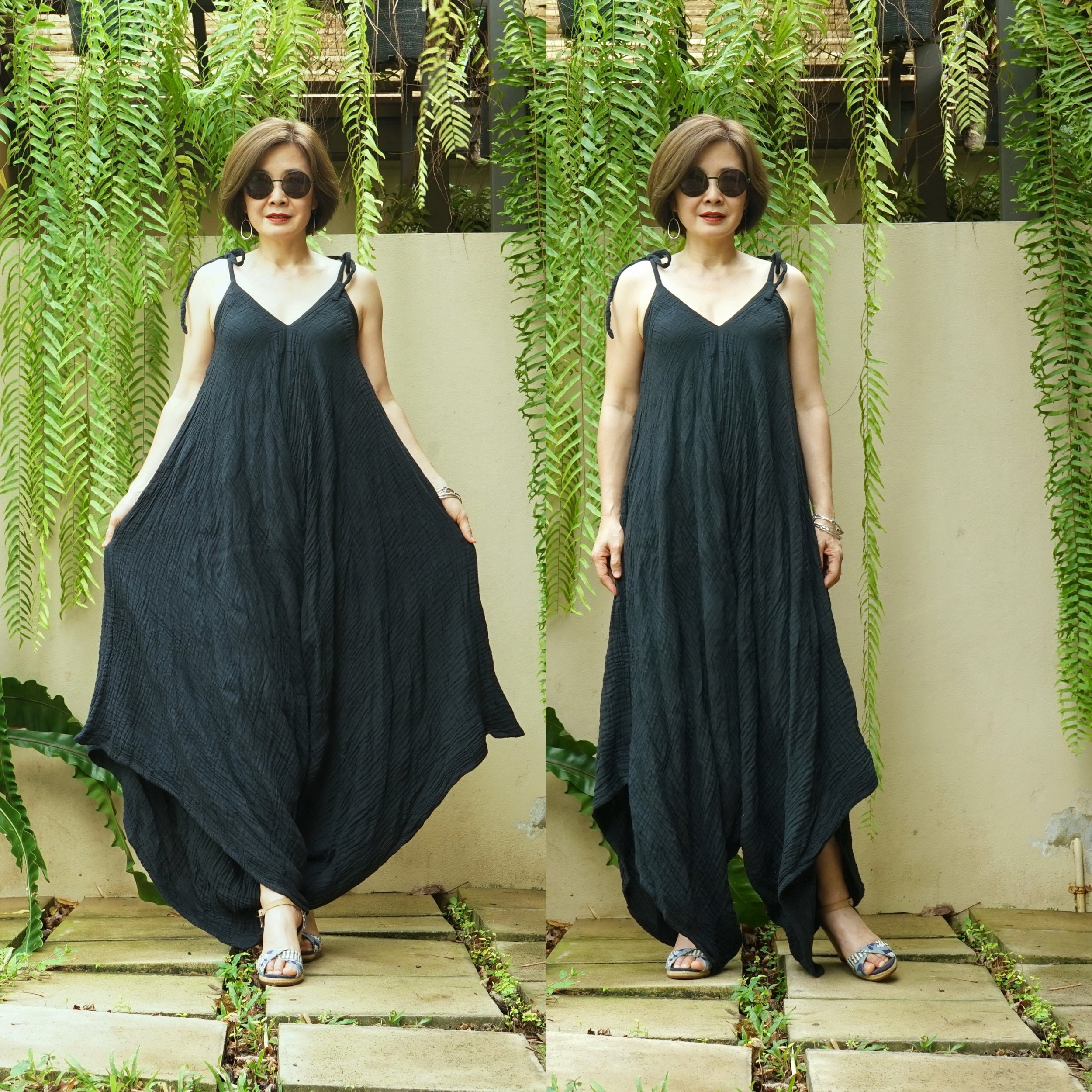 Black Double Gauze Cotton Jumpsuit: V-neck Tie Shoulder Harem
