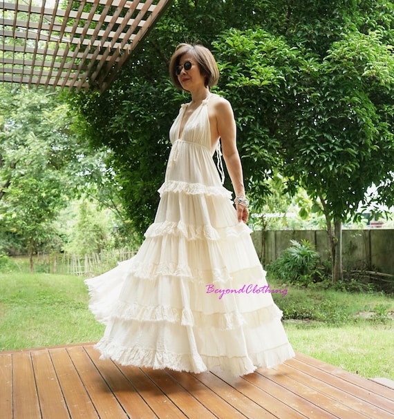 tiered beach dress Boho Maxi Raw Edge Ruffle Wedding Gown Halter Neck Backless Cottagecore Goddess Bridal BD025 Size:57 (6'0
