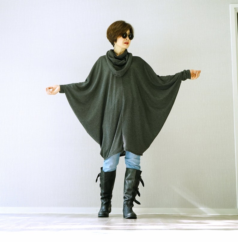 TN216 Oversize Funky Boho V Neck Longsleeve Hearther Black Viscose Sweat Tunic Sweater Dress Lagenlook Top With Scarf Slouch Dress Tunic