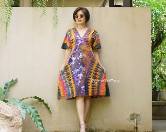 Boho Tie Dye V Neck Short Sleeve Midi Dress Tie Dye Midi Dress Tie Dye Rainbow Dress, Festival Clothing - LD42E