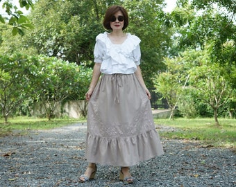 Summer Blossom....Brownish Beige Linen Mix Cotton Skirt Boho Skirt With Floral Hand Embroidered Detail