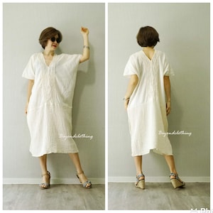 Oversize V Neck Dress Kaftan Dress Beach Women Summer Swimwear Cover Up Plus Size Dress Ivory White Cotton Midi Kaftan Tunic Dress LDB1