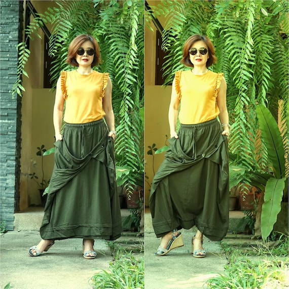 Boho Olive Green Convertible Skirt Pants: Cotton Harem Style LP024