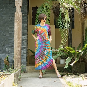 Boho Tie Dye Short Sleeve T-shirt Dress, Tie Dye A Shape Dress, Tie Dye Crew Neck Dress, Festival Clothing Holiday Tie Dye Dress - LD20H