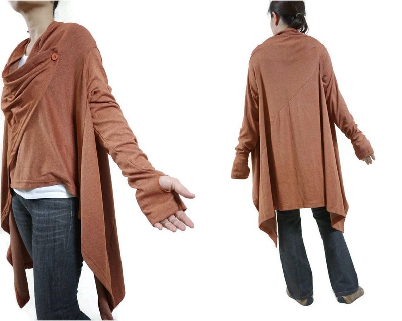 Oversized Funky Boho Long Sleeve Dusty Orange Draped Front Open Vest Blouse Cardigan Sweater C001