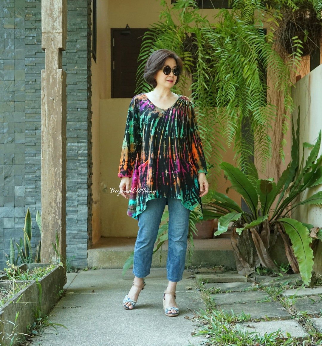 Women Tie Dye Shirts 4/5 Sleeve Flare Hem Comfy Loose Casual Tunic Top ...