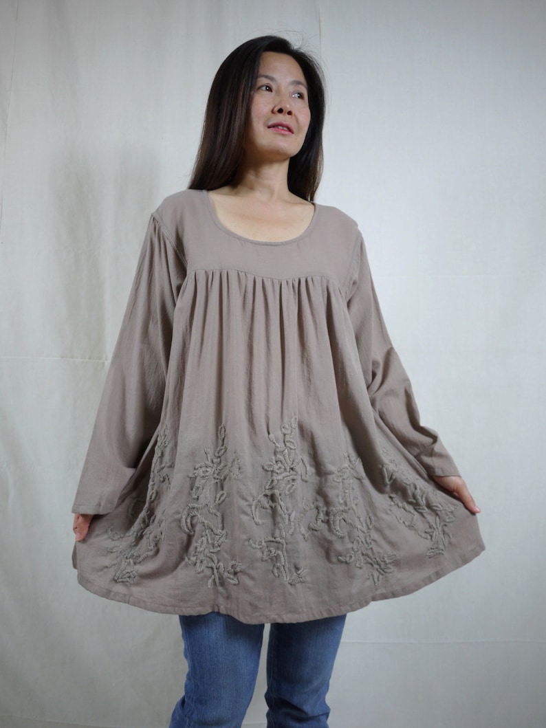 Plus Size Bohemian Long Sleeve Azo Free Color Taupe Light Cotton Blouse With Hand-Embroidered Detail Blossom