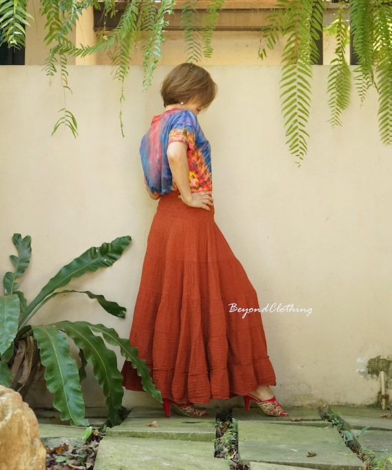 Orange Skirt Peasant Skirt Boho Batik-Dyed Elastic Long Skirt With
