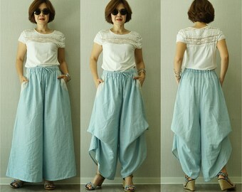 Boho Dusty Blue Loose Pants Wide Legs Pants Boho Flare Pants Loungewear Pants Palazzo Pants Extravagant Pants