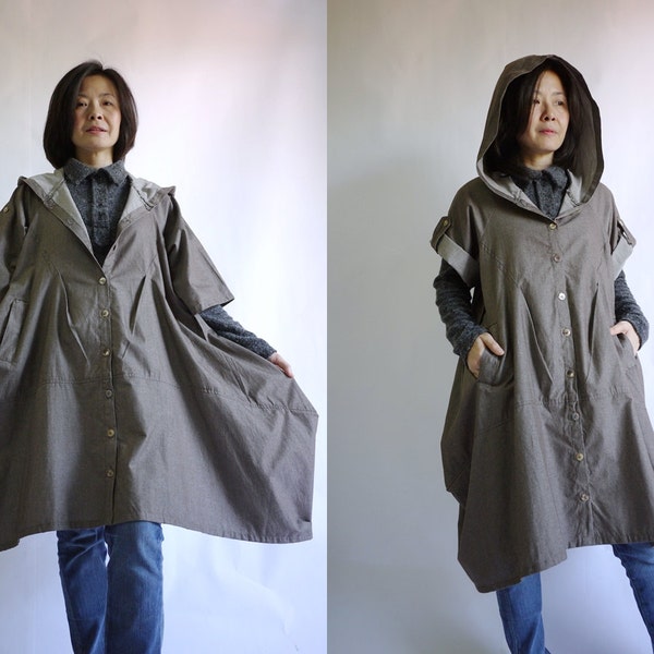 Front Opening Half Sleeve Dusty Dark Brown Light Denim Cotton Chambray Hooded Coat Jacket