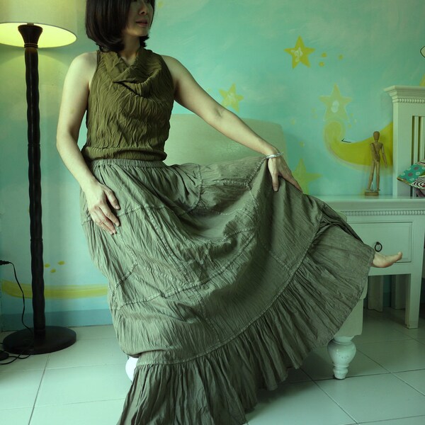 All Day Long - Boho Maxi Tiered Cotton Skirt Hand Dyed In Olive green