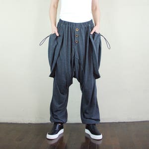 Funky Harem Drop Crotch Dark Heather Gray  Cotton Men Women Pants With 2 Roomy Pockets & Adjustable String Plastic Cord Lock Toggle Stoppers