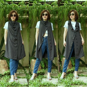 Funky Boho Sleeveless Double Breasted Charcoal Cotton Mix Polyester Lagenlook Tunic Extravagant Tunic Vest Avant Garde Tunic Vest D015