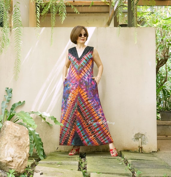 boho rainbow dress Boho Rainbow Tie Dye Maxi Dress: Sleeveless V-Neck Cotton
