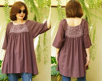 Lovely Boho Raglan Sleeve Dusty Mauve Plum Light Cotton Peasant Top With Hand Embroidery Plum Peasant Blouse With Hand Embroidery