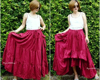 2 In 1 Take Me To Your Heart ... Steampunk Skirt, Tiered Lagenlook Boho Skirt, Dark Red Cotton Full Circle Peasant Skirt