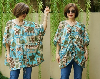 Plus Size Oversize Halfsleeve Loose Chic Casual Summer Boho Printed Light Cotton Blouse Top Tunic With Ruching SM-724B