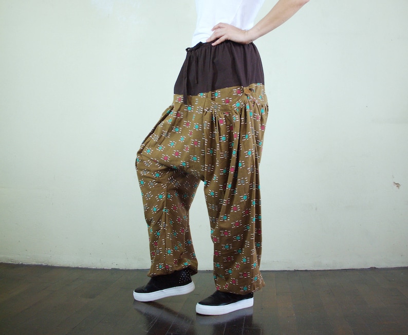 P069 Boho Funky Harem Drop Crotch Teal And Red Dot /& White Stitched Goldenrod Brown Cotton Men Women Freesize Pants With 2 Roomy Pockets