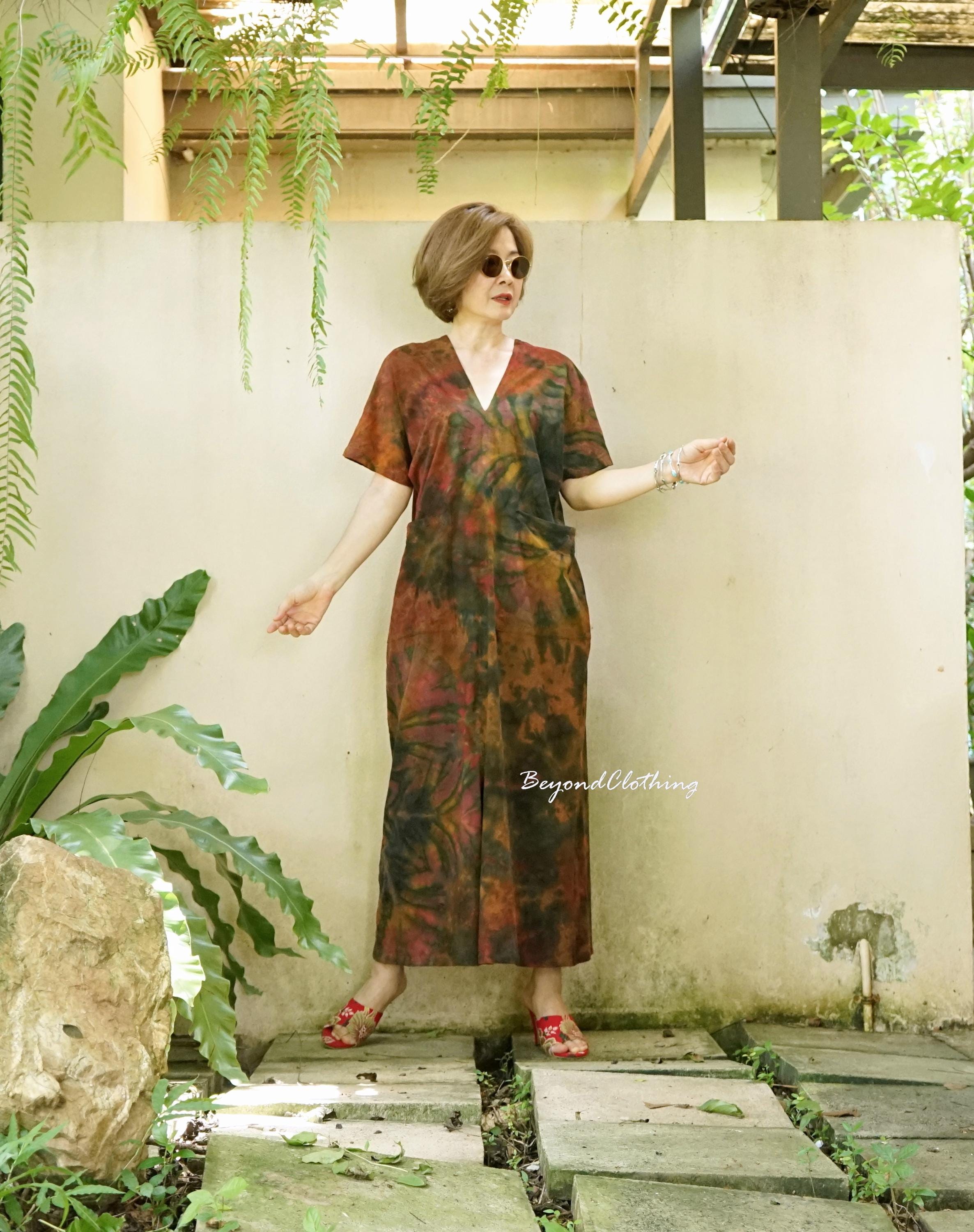 ボヘミアン風タイダイマキシドレス：Vネック、コットン、フロント