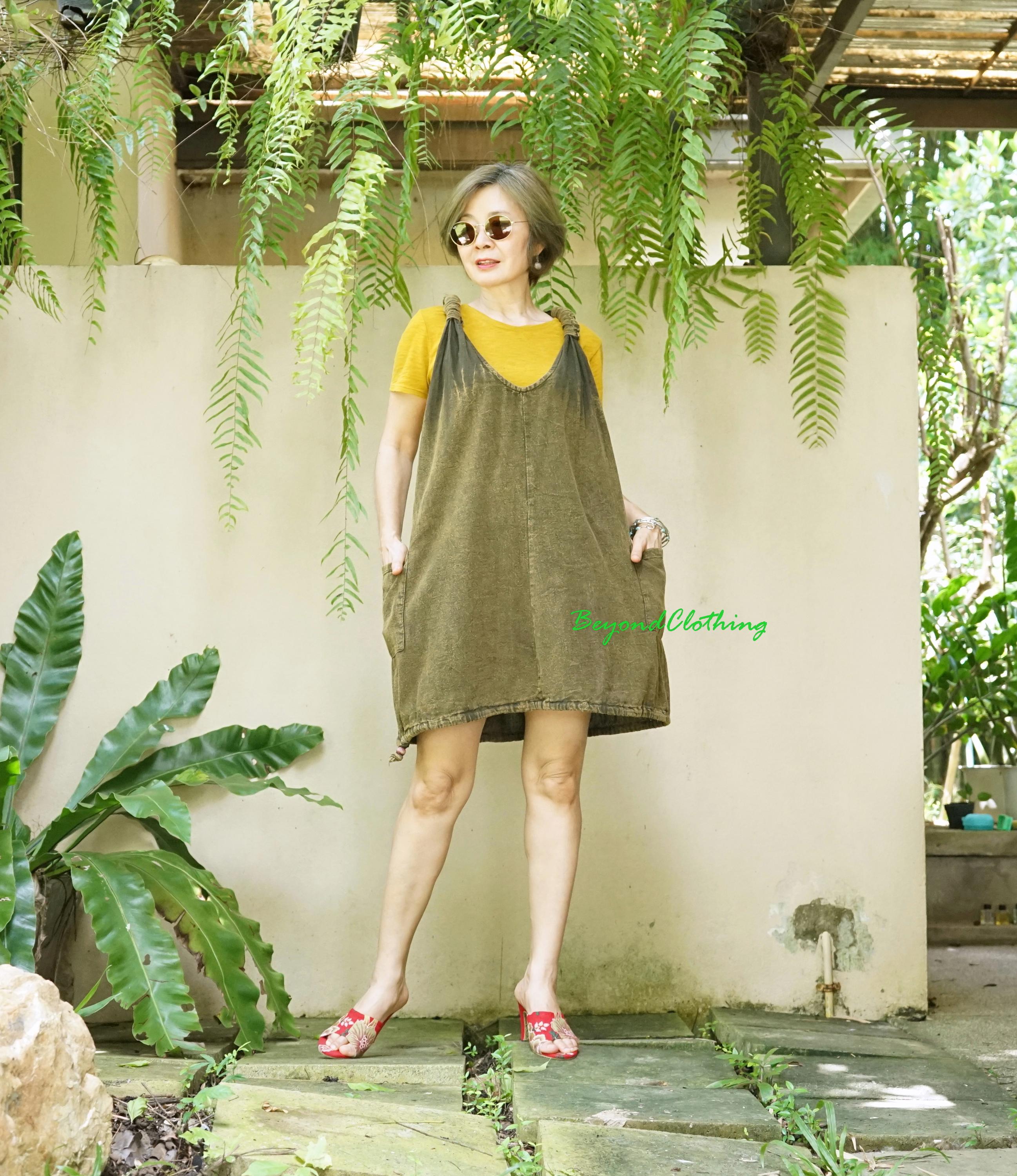 boho pinafore dress Boho Stonewashed Cotton Pinafore Dress: Relaxed Fit Mini Jumper - PD3B