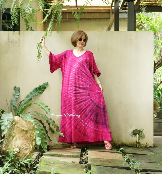 plus size cotton tie dye dresses Plus Size Tie Dye Maxi Dress: Cotton Boho V-Neck