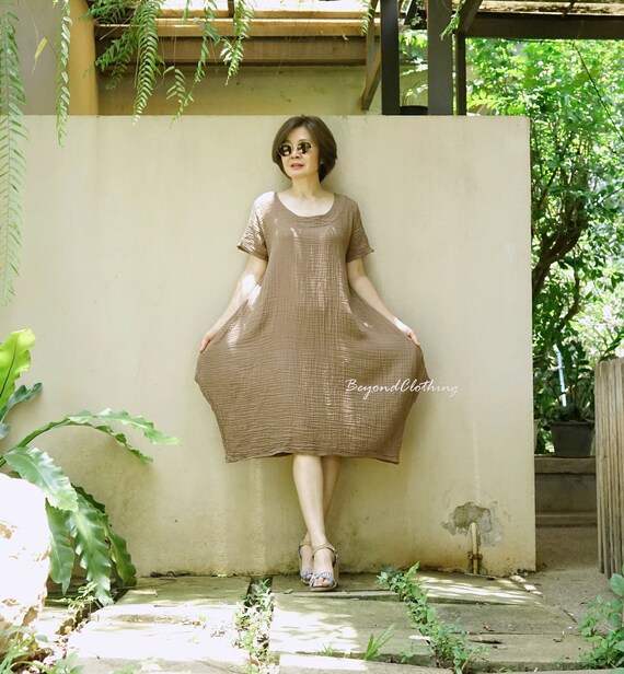 Brown Double Gauze Cotton Tunic Dress: Boho Tulip Hem, Scoop Neck - DB2