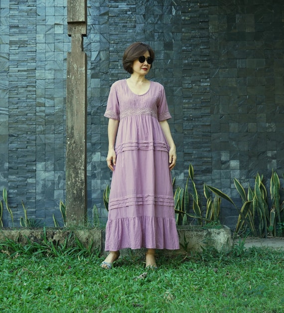 for The Good Times....Pale Plum Short Sleeve V-Neck Maxi Dress with Cotton Lace
