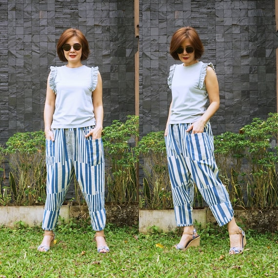 White and Dark Navy Stripe Print Cotton Women Boho Relax Fit Capri