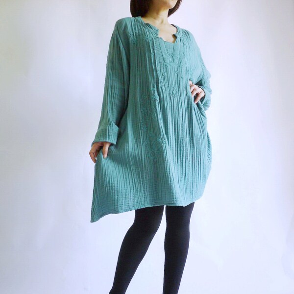 Boho Blouse -  Plus Size Drop Shoulder Long Sleeve Dusty Green  Double Gauze Cotton Casual Floral Hand-Embroidered Blouse