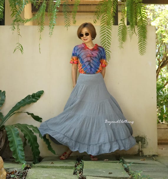 Boho Blue Gray Cotton Gauze Maxi Skirt: Tiered Flare, Smocked