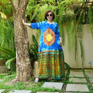 Boho Square Neck 3/4 Sleeve Tie Dye Dress Hippie Boho Tie Dye Dress Rainbow Tie Dye Dress Boho Festival Clothing Extravagant Dress - AD1D