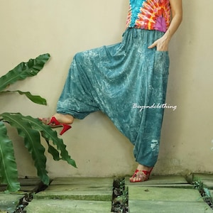 Boho Stonewashed Cotton Harem Pants Hippie Funky Stonewashed Stretch Cotton Pants Drop Crotch Cotton Women Men Pants, Festival Pants - P028C