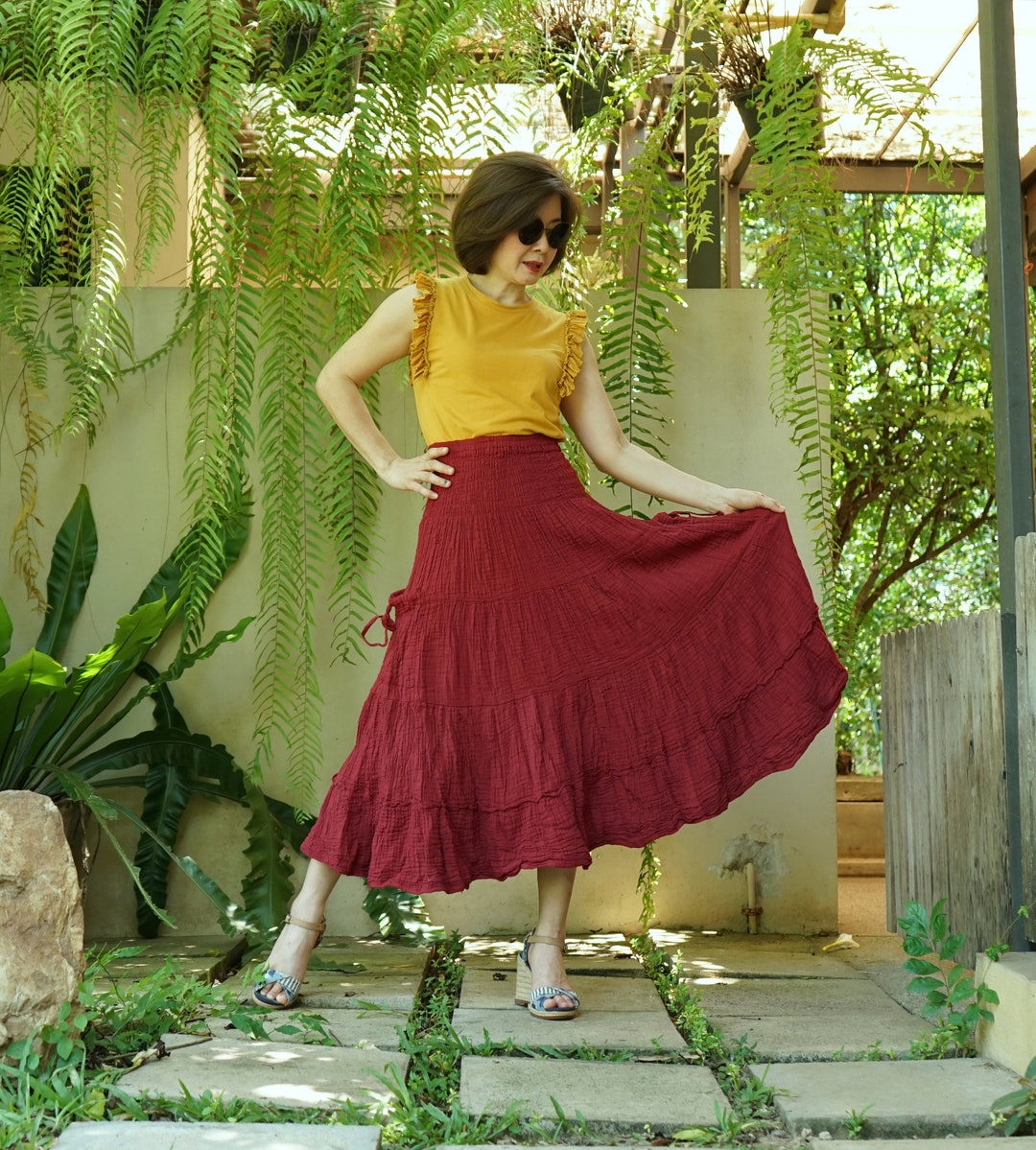 Smocked Waist Skirt Peasant Midi Skirt Black Gauze Peasant Maxi