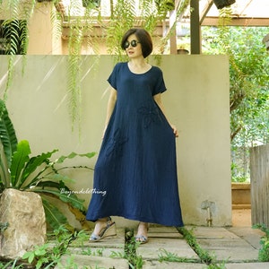 Boho Maxi Dress Scoop Neck Cap Sleeve Dark Navy Blue Double Gauze Cotton Dress With Floral Applique - DB8