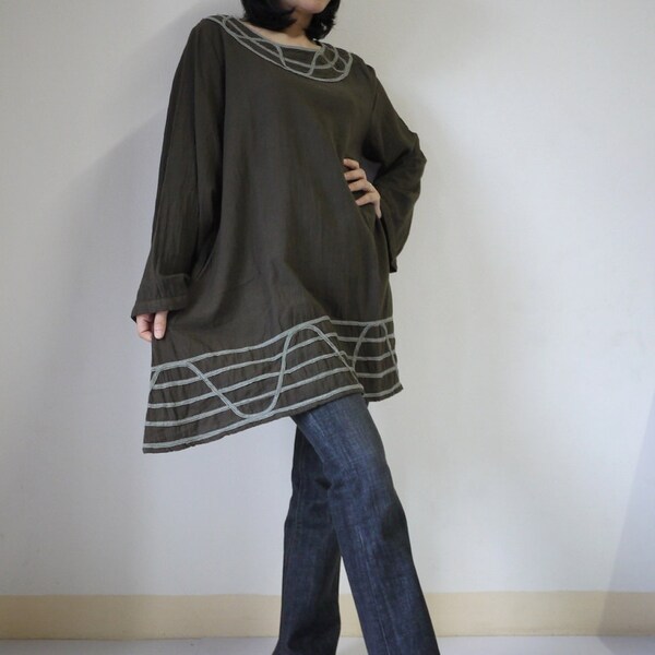 Long Sleeve Dark Greenish Chocolate Cotton Blouse/Tunic With Applique Detail At Collar And Bototm Hem