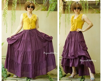 2 en 1 Llévame a tu corazón - Steampunk Short Front Long Back Tiered Plum Purple Light Cotton Boho Falda, Falda extravagante