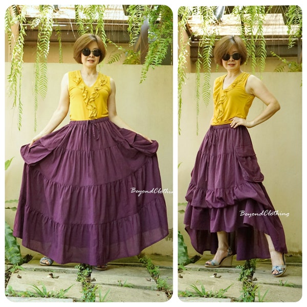 2 In 1 Take Me to Your Heart - Steampunk Short Front Long Back Tiered Plum Purple Light Cotton Boho Skirt, Extravagant Skirt