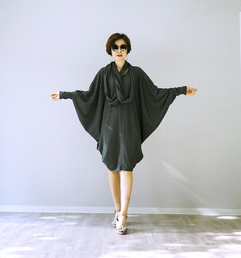TN216 Oversize Funky Boho V Neck Longsleeve Hearther Black Viscose Sweat Tunic Sweater Dress Lagenlook Top With Scarf Slouch Dress Tunic