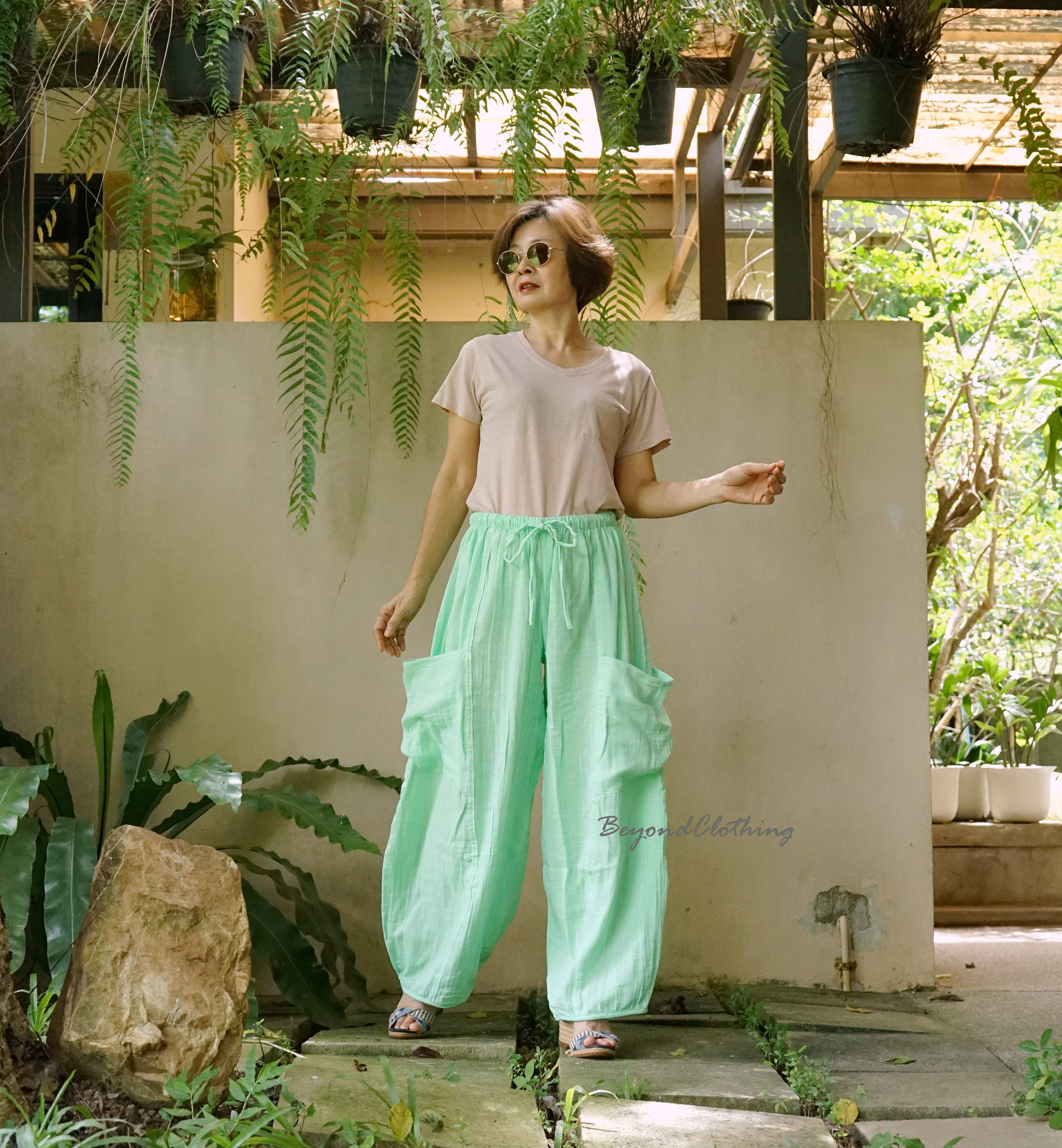 パンツ ISSEY MIYAKE Near Mint 15SS Gaucho Pants Dusty Mint Gaucho Pants: Boho Wide Leg Double Gauze Cotton Palazzo