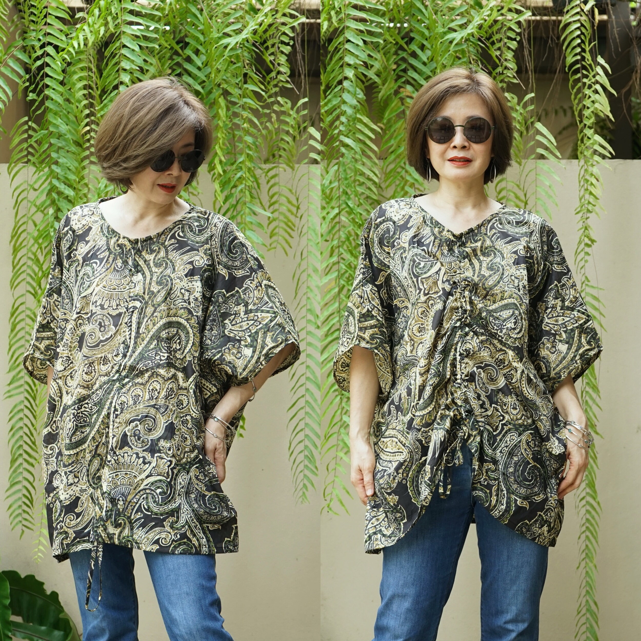 Plus Size Oversize Halfsleeve Loose Chic Casual Summer Boho Printed Light Cotton Blouse Top Tunic With Ruching SM-724B