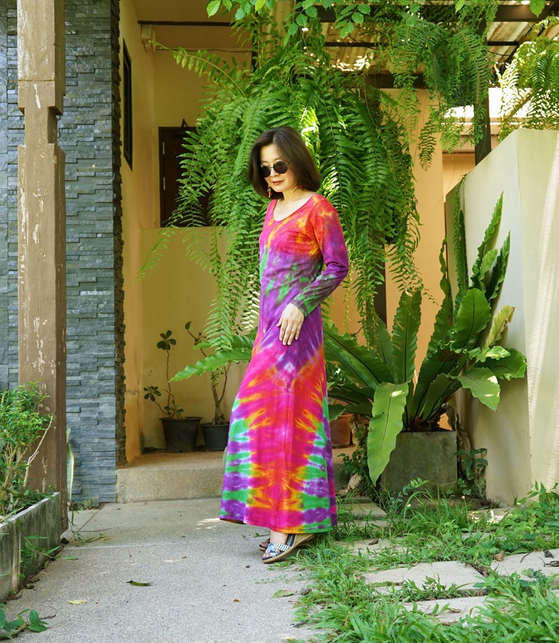 Boho Long Sleeve Flare Hem Tie Dye Cotton Jersey Maxi Dress Bohemian Rainbow Dress Festival Clothing Colorful Holiday Dress JB4F
